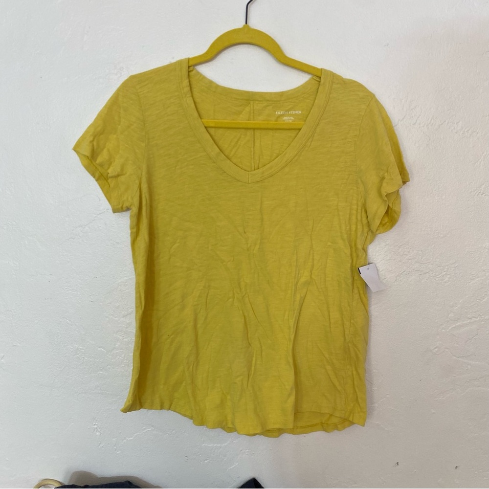 NEW Eileen Fisher organic cotton slub jersey v-neck tee Chartreuse Neon XS